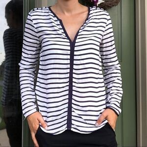Zara Basic White Navy Striped Long Sleeve Blouse